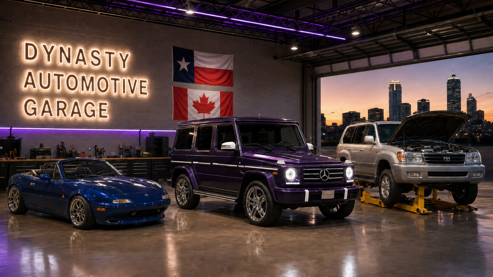 The Dynasty Hangar at dusk — a virtual shop's editorial mood board. Left bay: a Mariner Blue Mazda Miata, top down, finished hero. Center bay: a Dynasty Purple Mercedes G500, TCU Dark Edition, with chrome wheels and white side accents. Right bay: a Titanium Silver Land Cruiser on jacks, mid-restoration. DYNASTY AUTOMOTIVE GARAGE marquee on the back wall. Texas over Canada mounted flat on the interior wall, Fort Worth skyline at sunset through the open bay door.