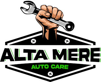 Alta Mere Auto Care logo — raised fist gripping a wrench above the ALTA MERE wordmark with AUTO CARE in green underneath
